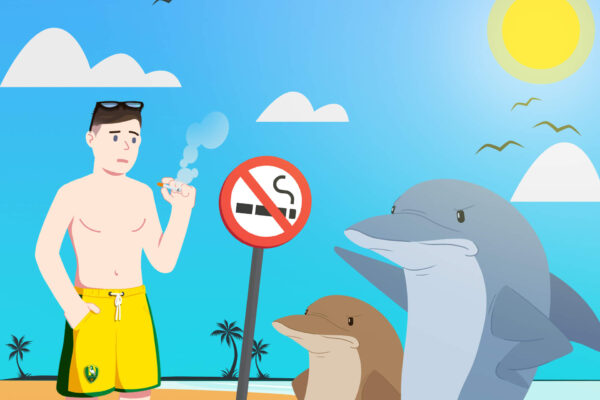 Dolfijnen geven aan dat man zich op rookvrij strand begeeft.
